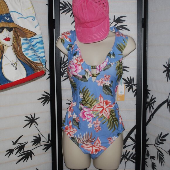 Kona Sol - Ruffle Neck One Piece Floral Bathing Suit - Size L 12-14 NWT - Picture 2 of 12